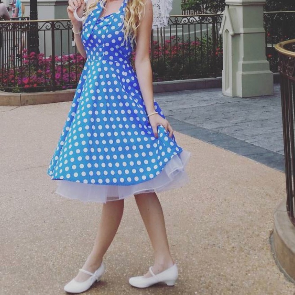 Pinup light blue polka dot halter dress